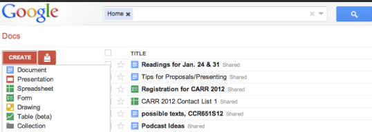 Screen Shot of My Google Docs Page